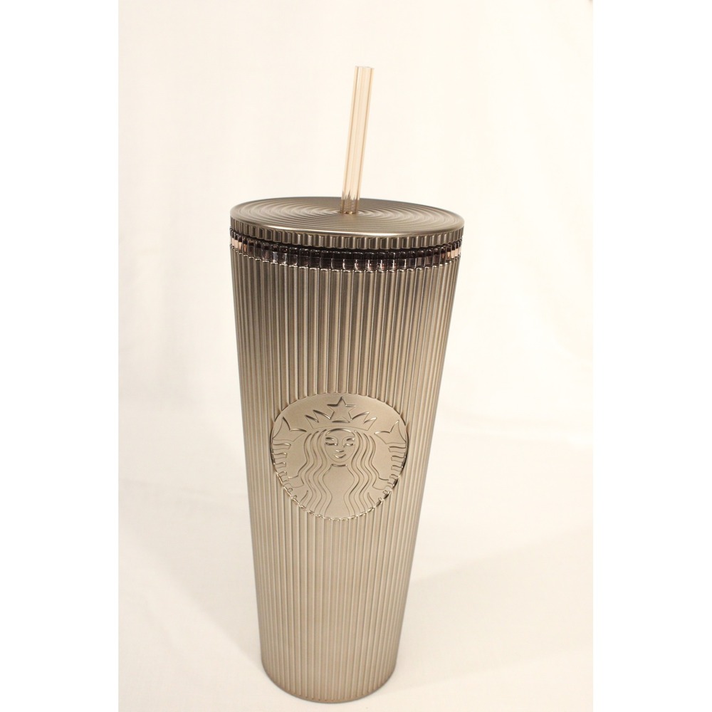 Starbucks Tumbler 2023 Metallic Champagne Pleated 24oz Cold Cup Minimalist NWT